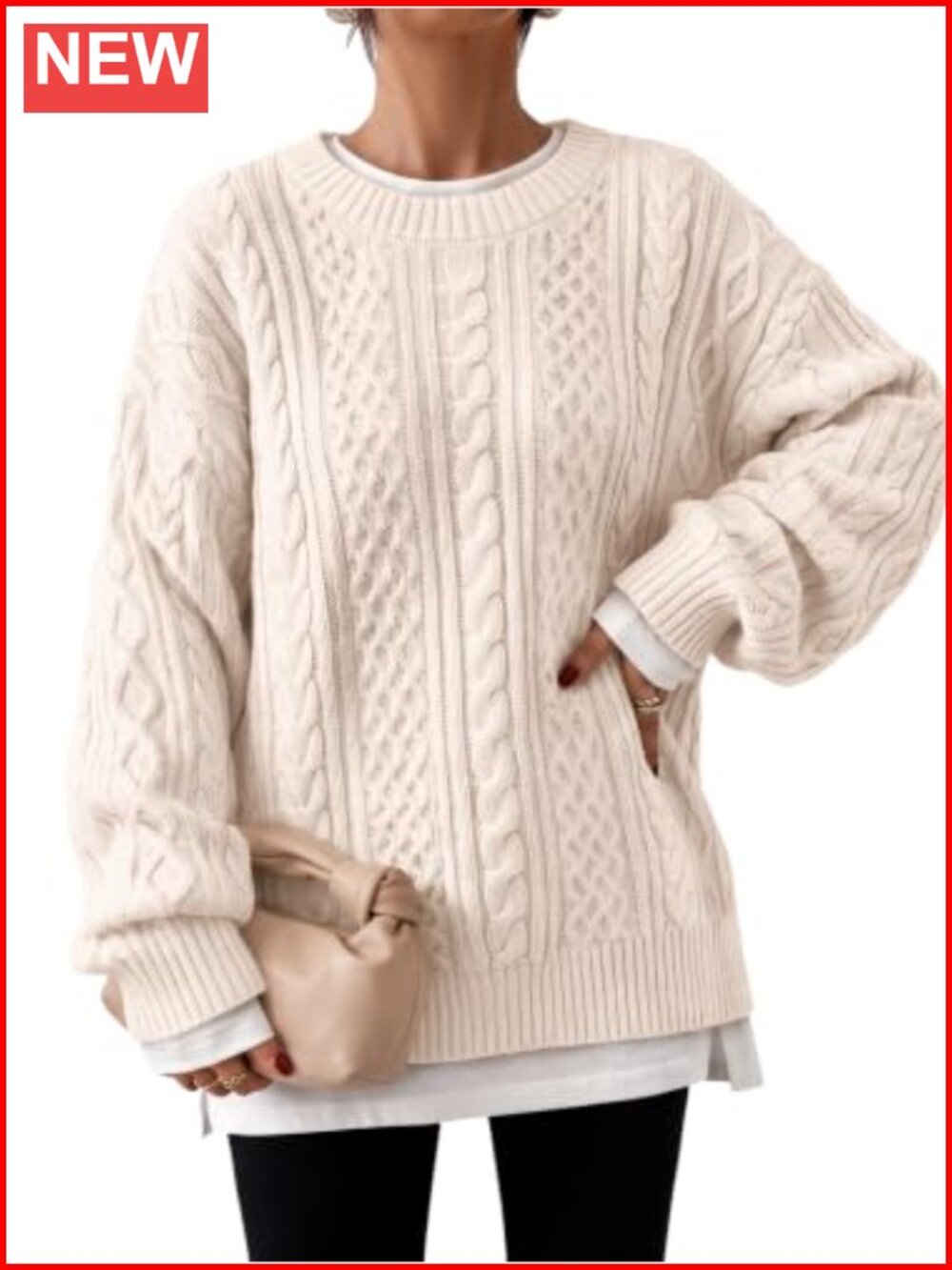 Oversized Cable Knit Chunky Pullover Sweater Cotton Blend Crew Neck